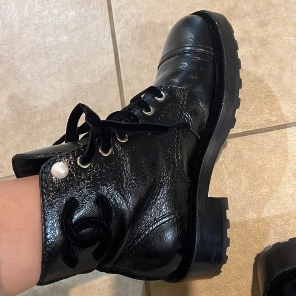 Chanel calfskin velvet pearl combat boots